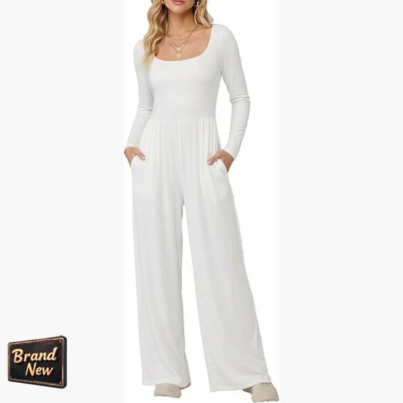 Pants - Long Sleeve Square Neck Jumpsuit with Pockets, Wide Leg, Medium